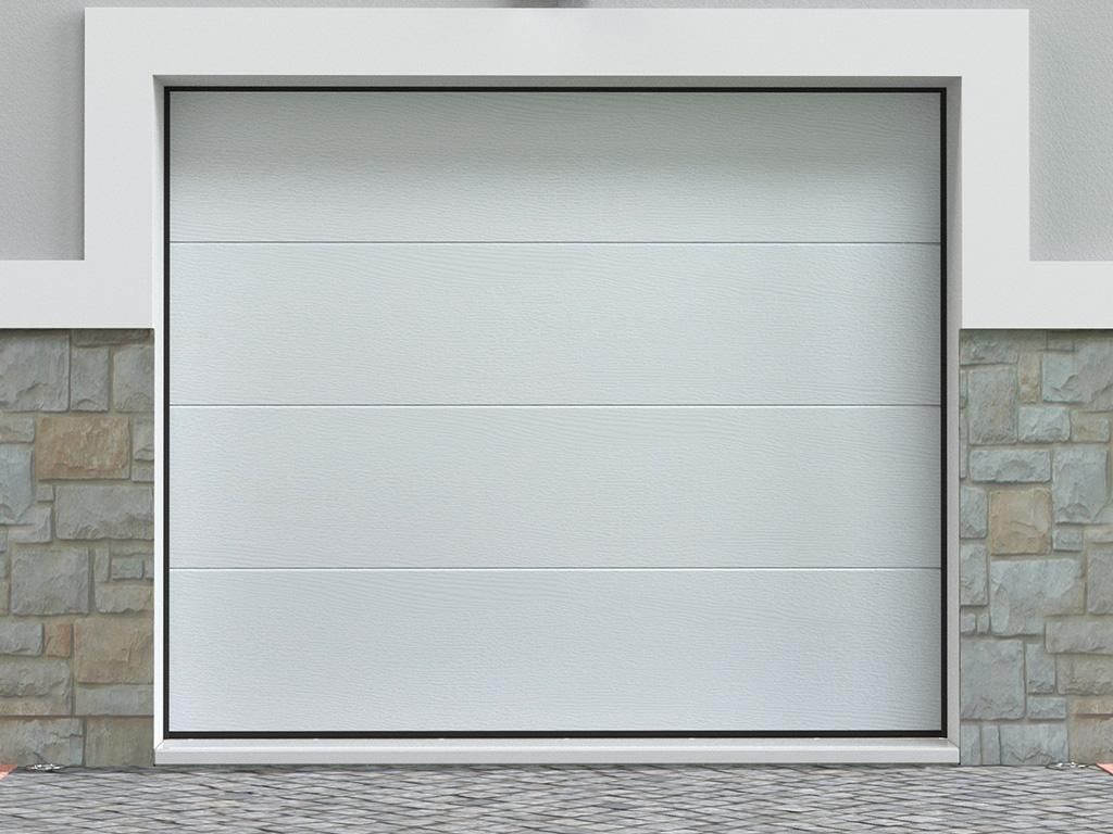 Closed modern garage door with light gray panels and stone accents on the surrounding wall.